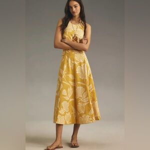 Anthropologie The Kenzie Drop-Waist Midi Dress Yellow Floral Sz medium